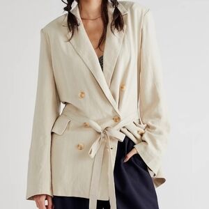Free People Olivia Double Breasted Linen Blend Pebble/Sand Blazer New XS